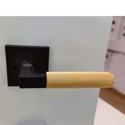 Modern Square Rosette and L-Square Stem, Satin Brass Luxury Knurled Door Handle Lever for Interior Door