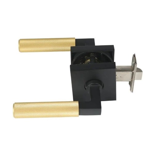 Modern Square Rosette and L-Square Stem, Satin Brass Luxury Knurled Door Handle Lever for Interior Door