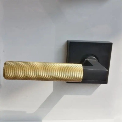 Modern Square Rosette and L-Square Stem, Satin Brass Luxury Knurled Door Handle Lever for Interior Door